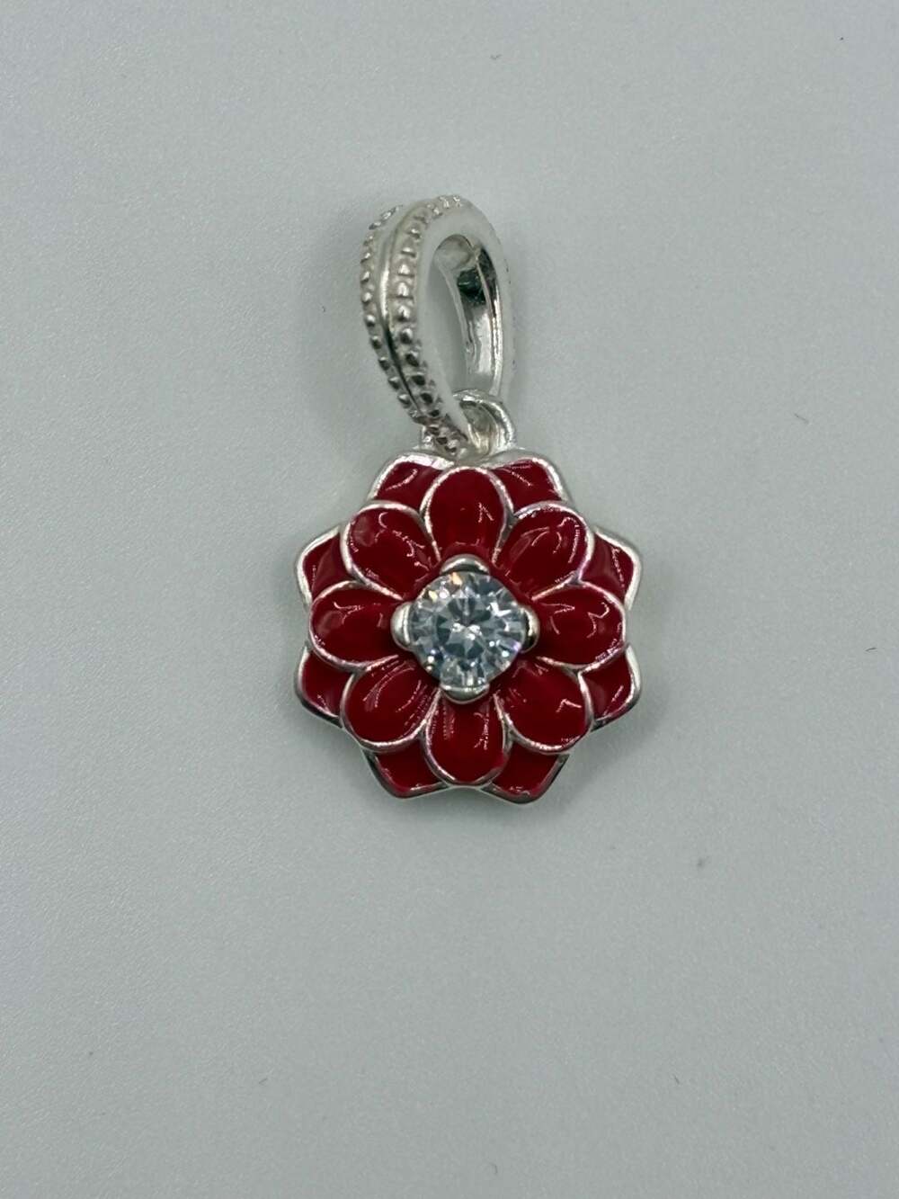 Pandora Oriental Bloom Red Enamel and CZ Sterling Silver Dangle Charm